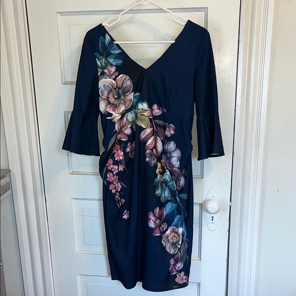 Little Miss Maternity Dress - Floral Navy Dress with Bell Sleeves